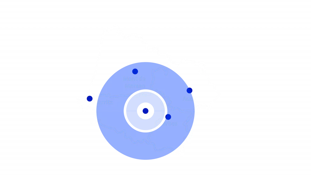 Carte des zones d’intervention Py’résine autour de Pau pour la pose de moquette de pierre et sols en résine